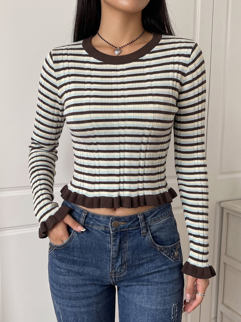 Striped Round Neck Cropped Flare Sleeve Sweater N6H297