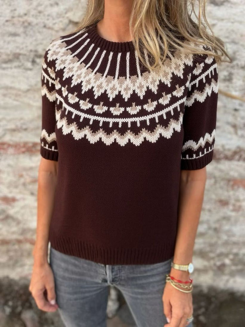 Round Neck Jacquard Button Knit Pullover Coffee N6G283