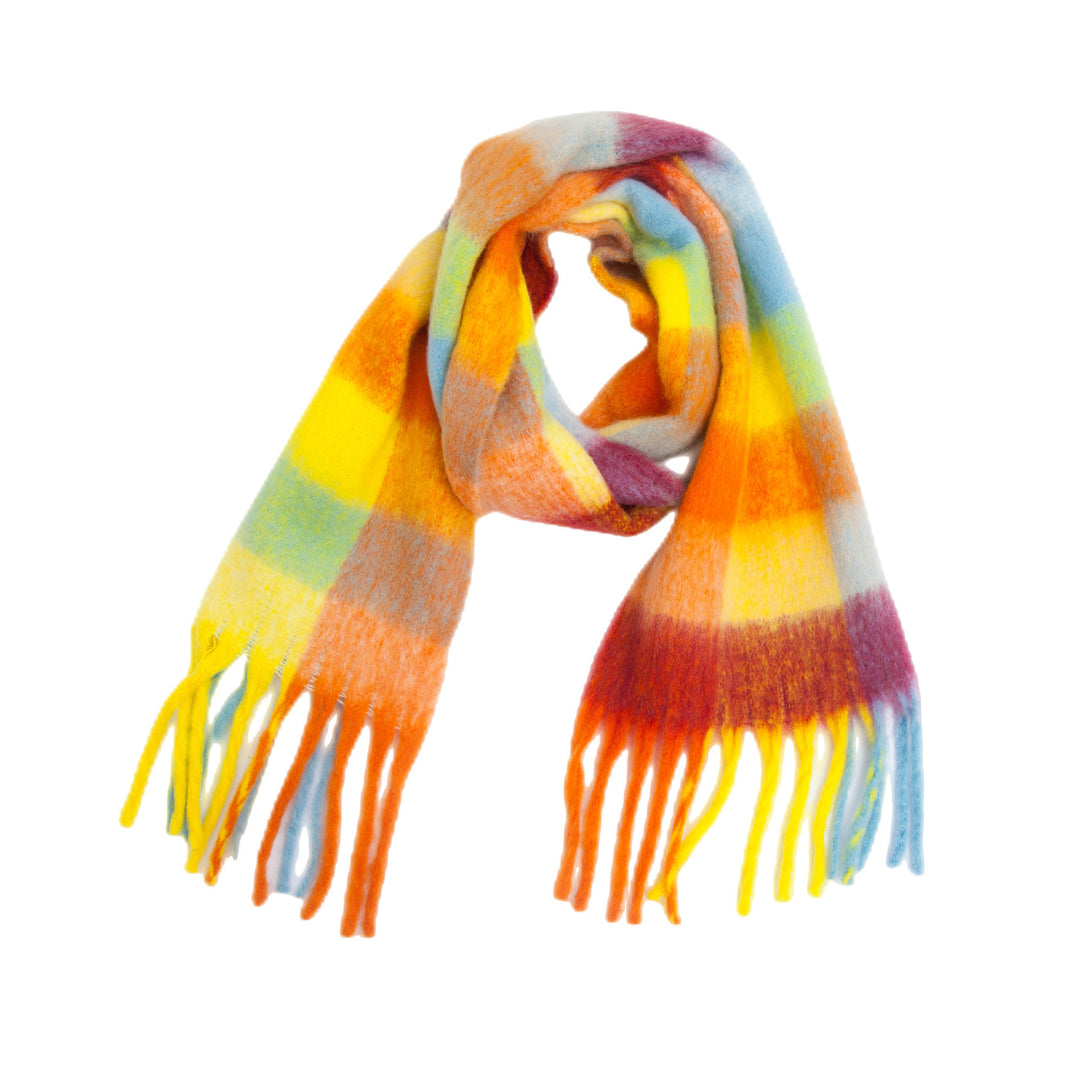 Rainbow Plaid Mohair Feel Chunky Fringe Scarf N6K247