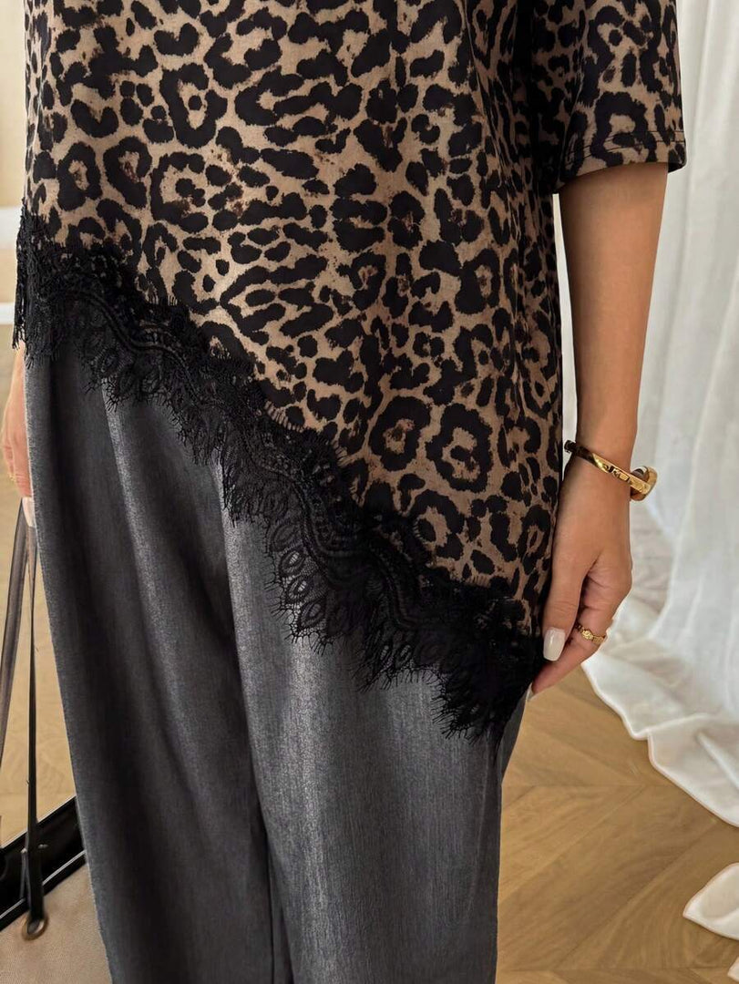 Leopard Print Lace Trim Loose Short Sleeve T-shirt N6D214