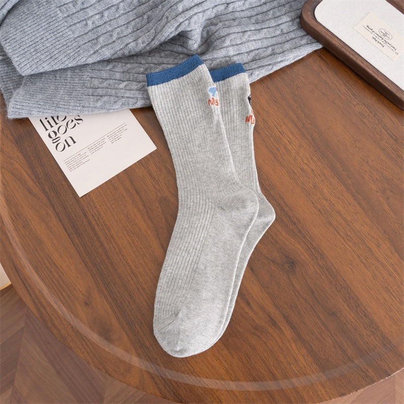 Contrast Color Block Cotton Mid Calf Socks M5A055
