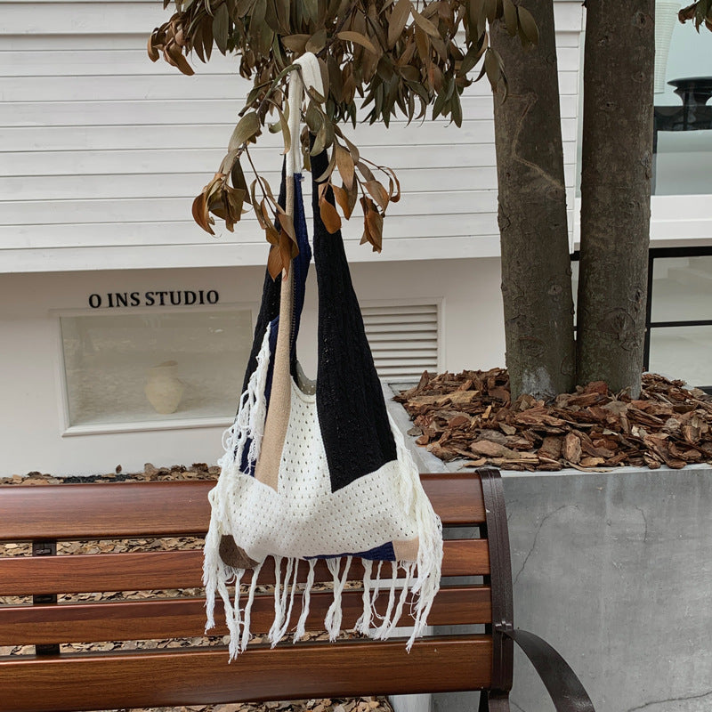 Crochet Fringe Color Block Tote Bag Women N6C046