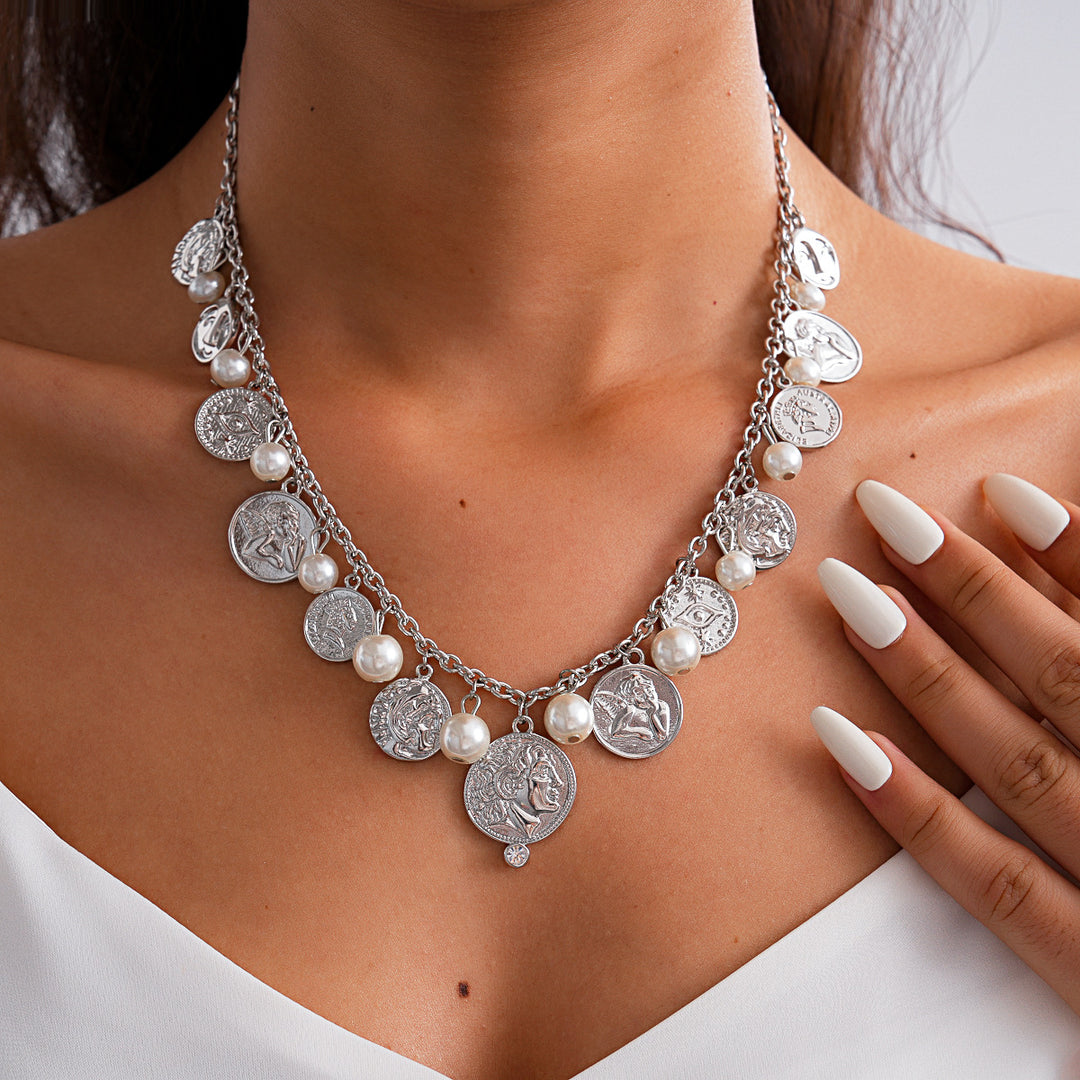 Metal Coin Rhinestone Pearl Tassel Choker Necklace N6H151