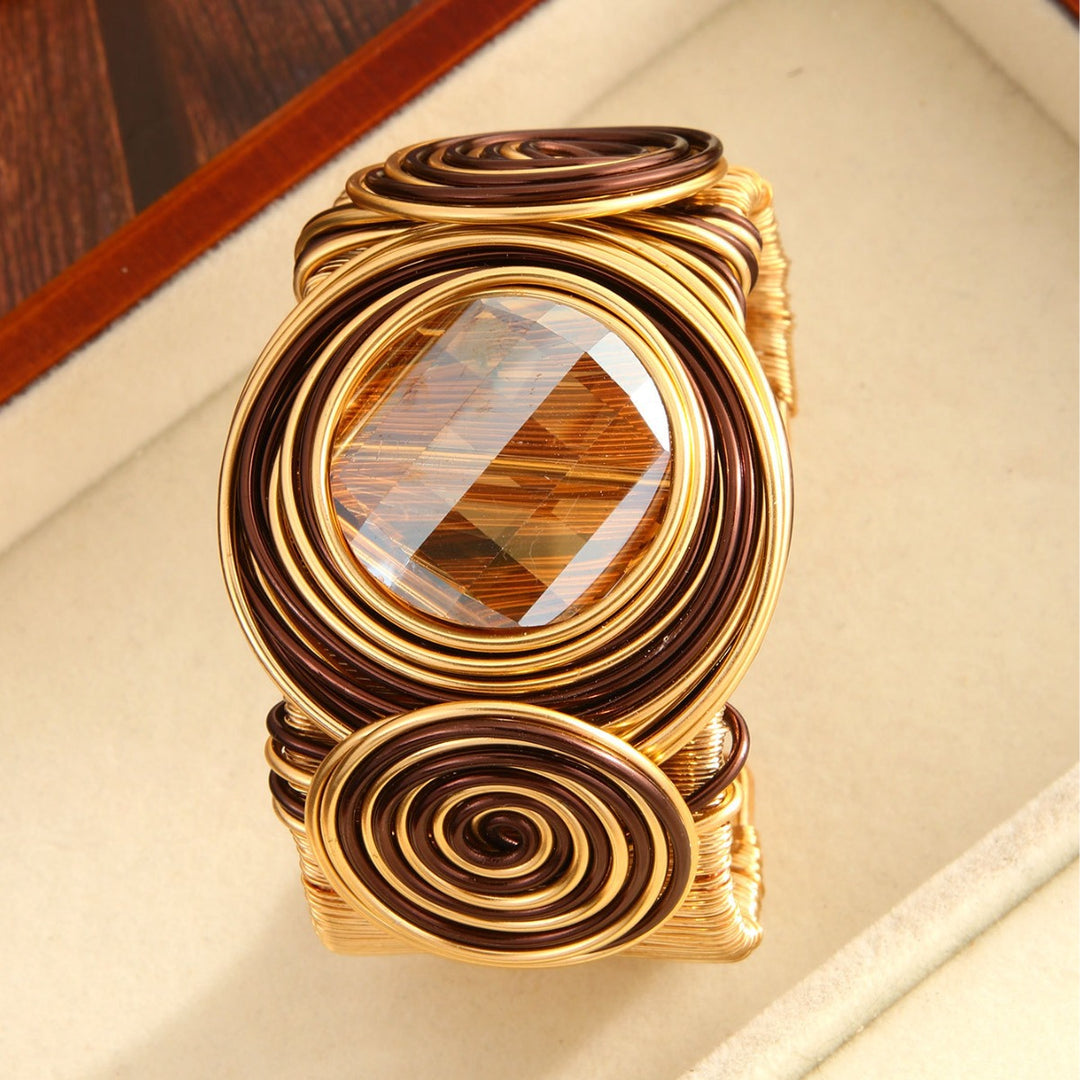 Vintage Punk Handwoven Wire Crystal Open Cuff Bangle N6F271