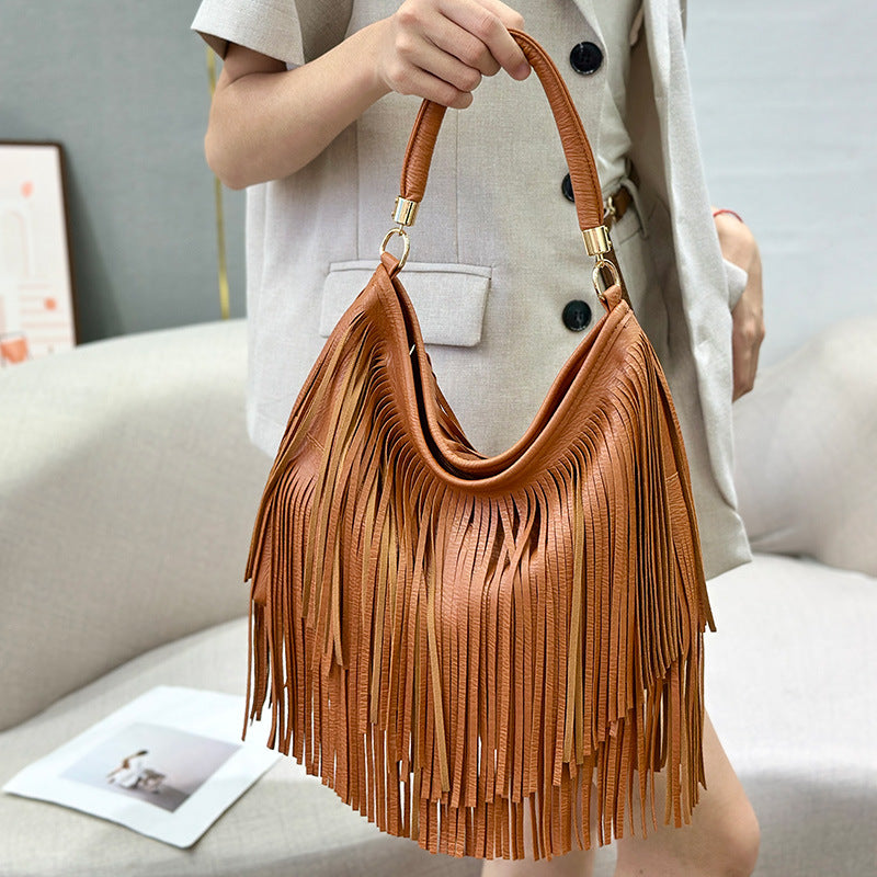 Soft Leather Double-Sided Fringe Tote Bag Women N6C222