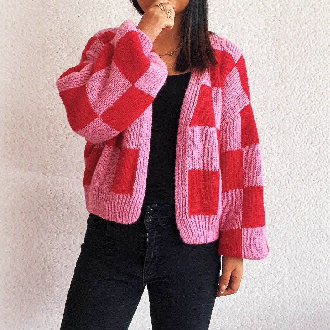 Check V Crop Cardigan Mid Heavy Rose N5A229