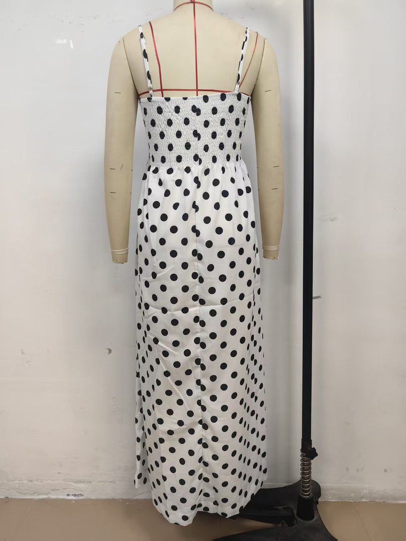 Polka Dot Pleated Midi Dress Sweet Spaghetti Strap N6F030