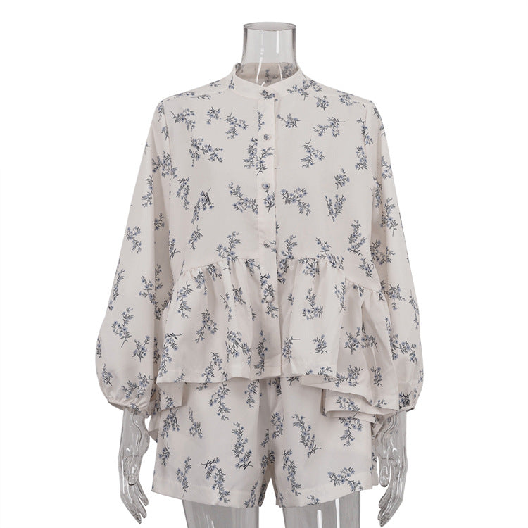 French Puff Sleeve Crop Top and Shorts Set Women N6C189