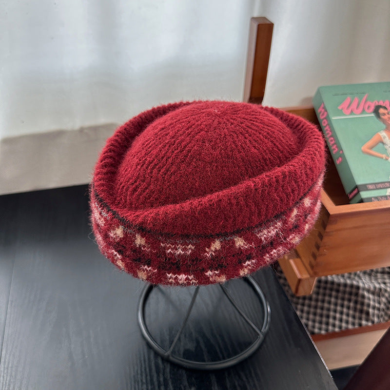 Fair Isle Jacquard Pillbox Hat Knit Cap Women N6G211