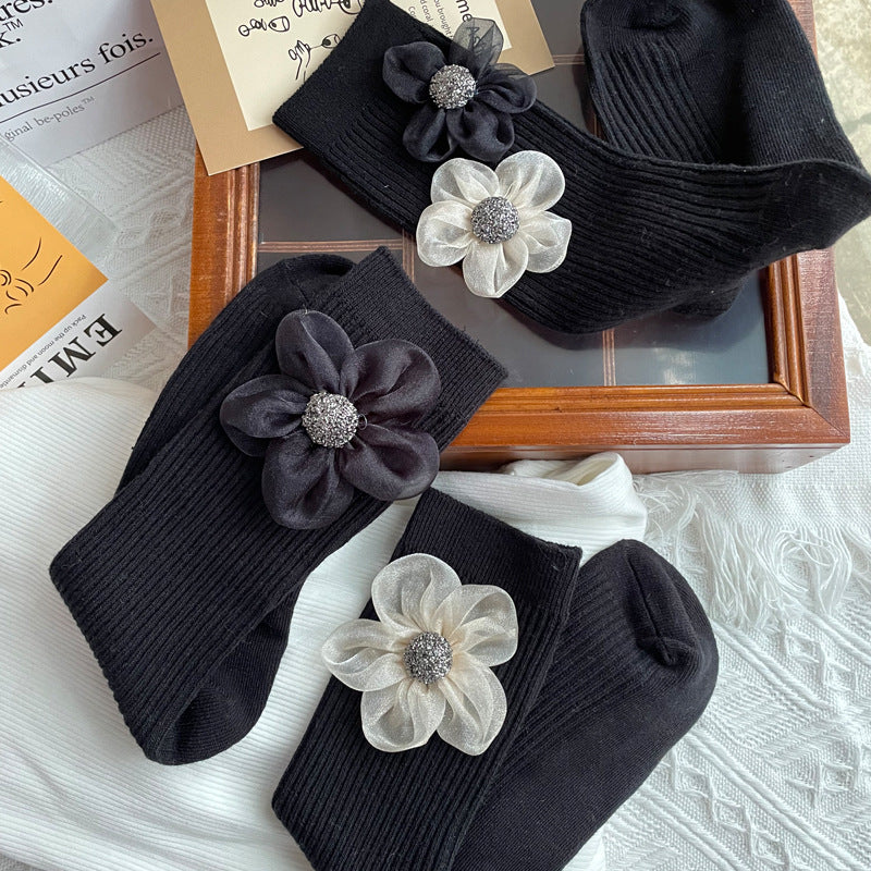 3D Floral Solid Mid-Calf Socks Women Cotton Black N6H033