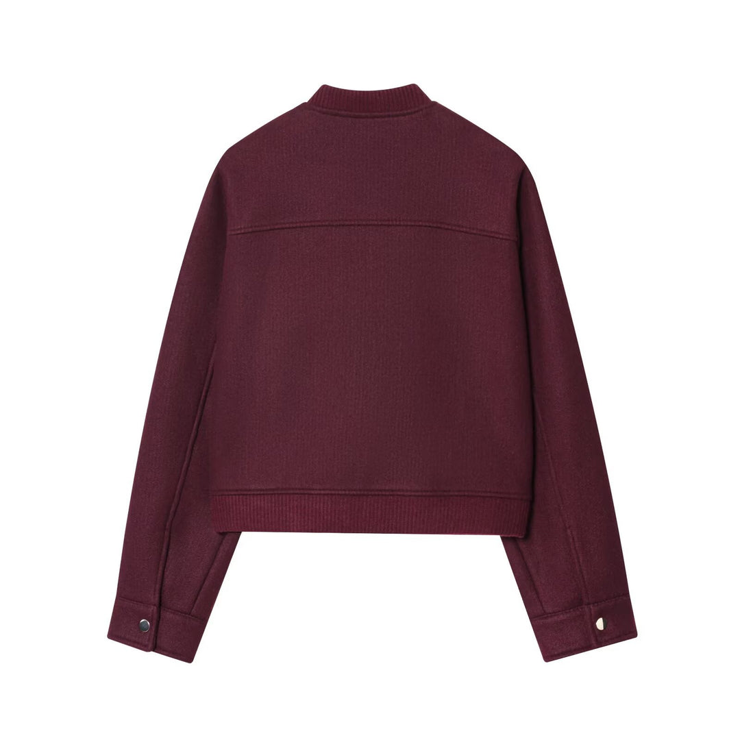 Round Neck Zip Soft Jacket Women Wine Red N5A403