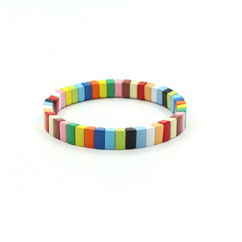 Rainbow Enamel Bead Bracelet Elastic Adjustable Alloy S5P034