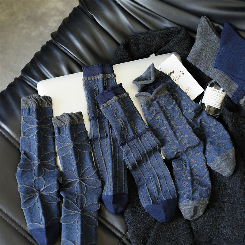 Blue Vintage Floral Stack Socks Women Mid-Calf Cotton N6H017