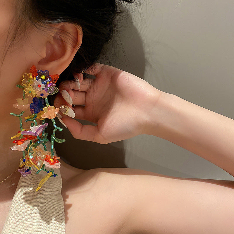 Acrylic Floral Branch Earrings Alloy Silver Beads S5P204