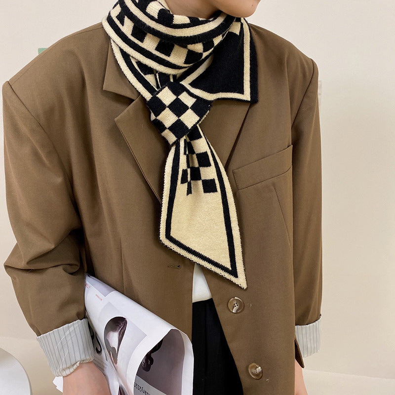Houndstooth Knit Narrow Scarf with Small Ears N6H307