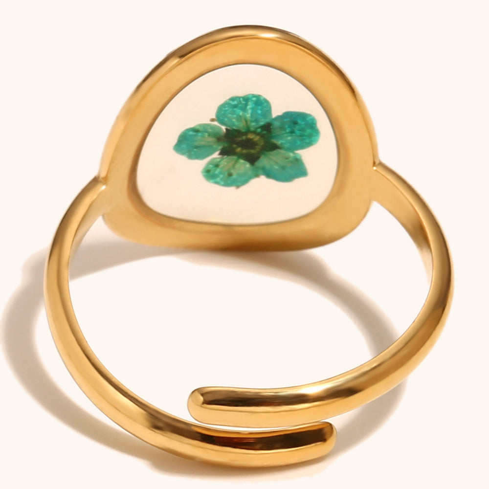 Green Flower Steel Ring Gold Plated Acrylic Jewelry S5P003