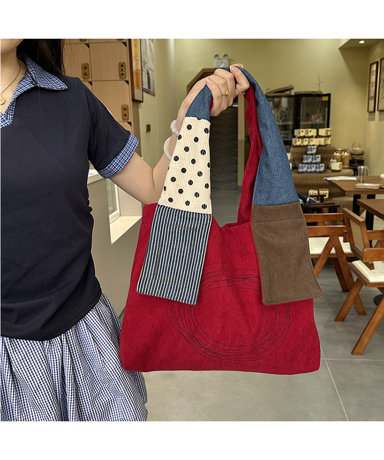 Paneled Corduroy Tote Bag Magnetic Closure S5P381