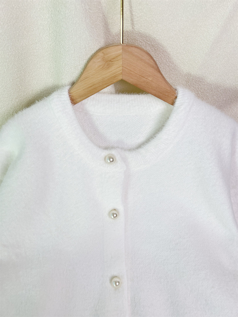 Faux Mink Pearl Button Cardigan Round Neck N6G141