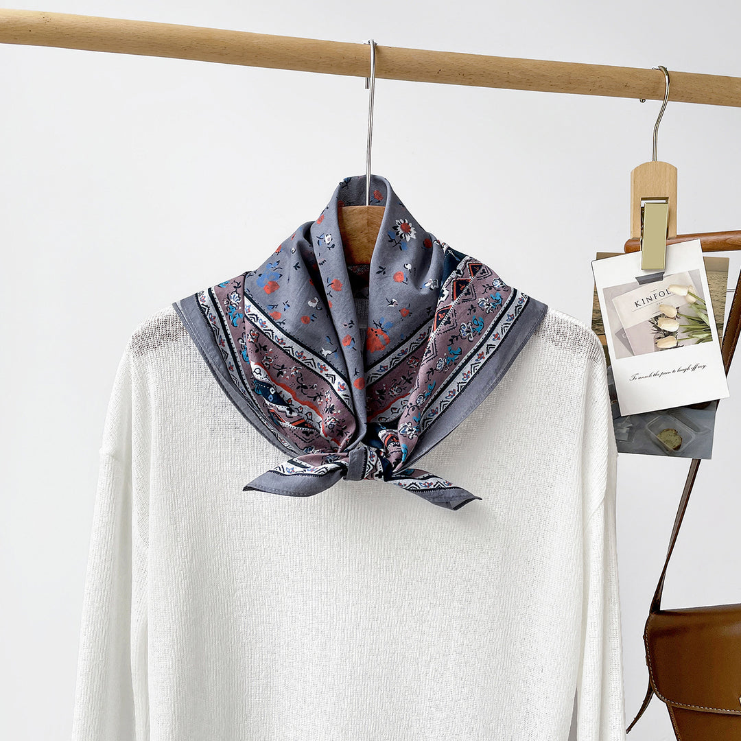 Vintage Floral Cotton Square Scarf 65cm Women N6H117
