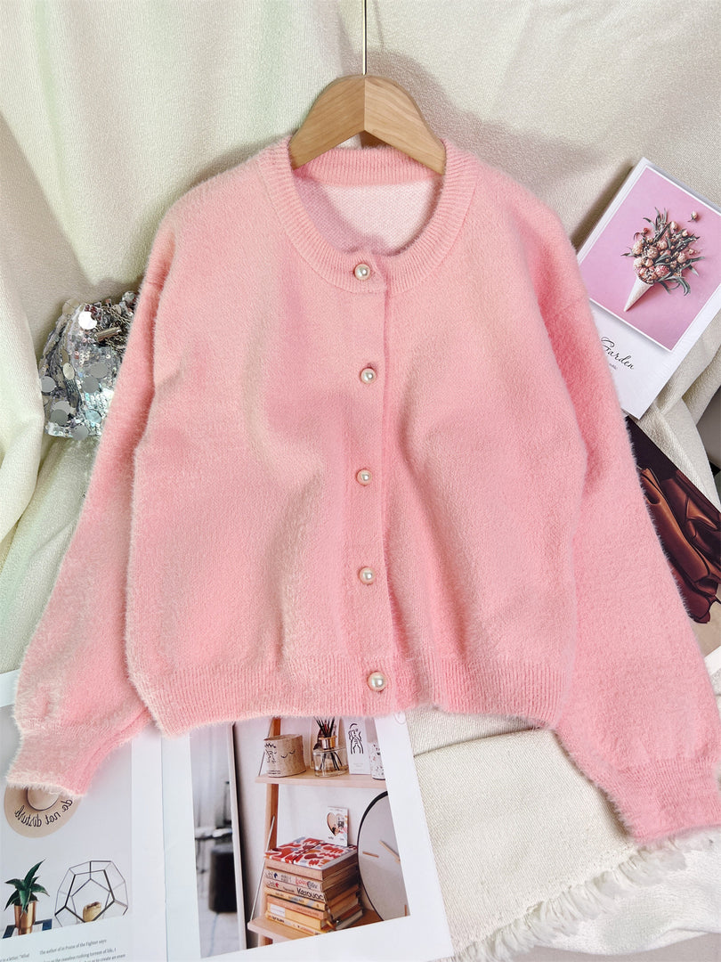 Faux Mink Pearl Button Cardigan Round Neck N6G141