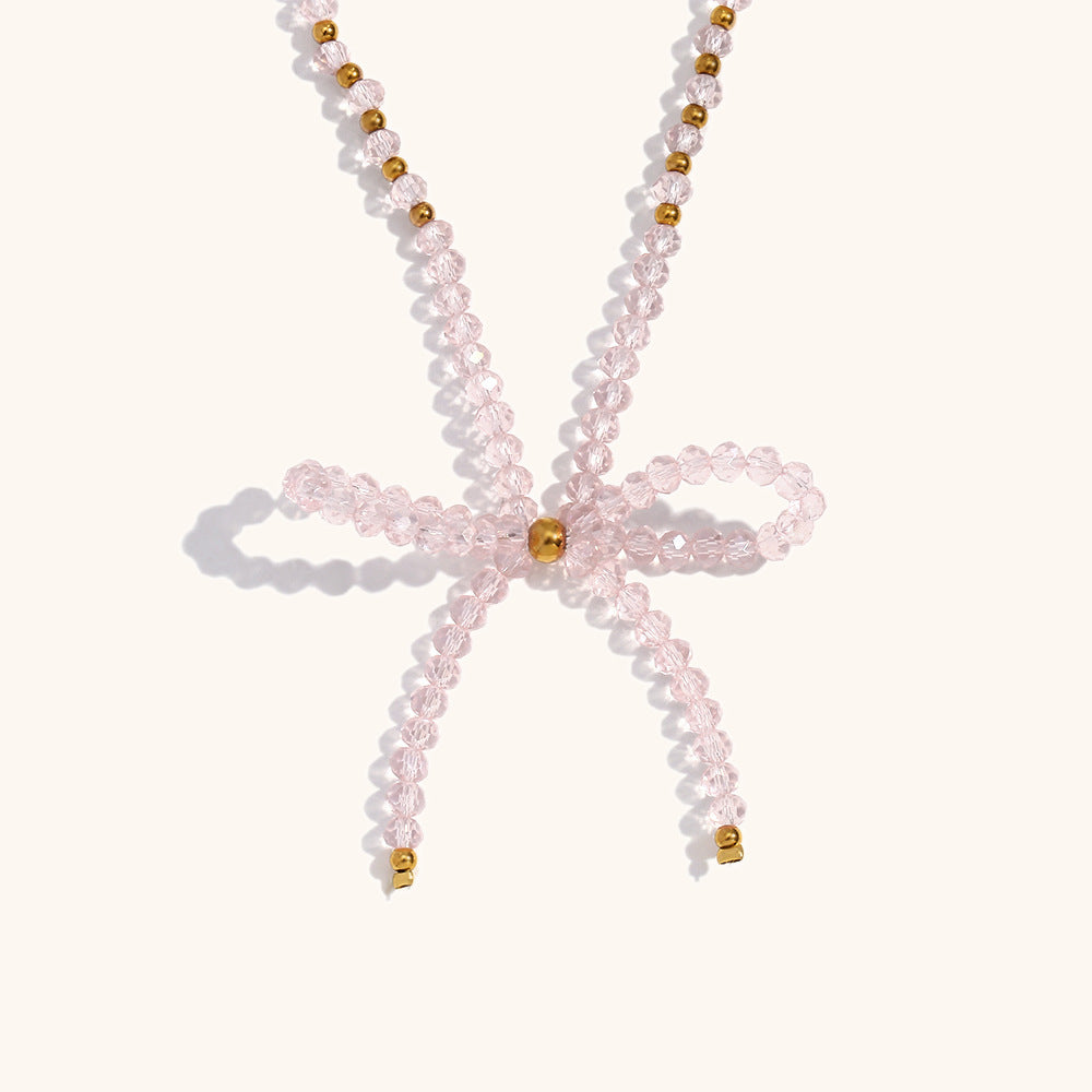 Crystal Bow Necklace Steel Gold Plated Delicate S5P231