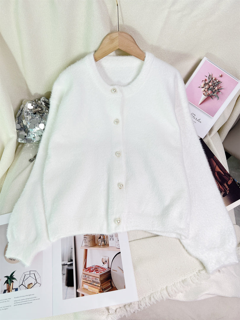 Faux Mink Pearl Button Cardigan Round Neck N6G141