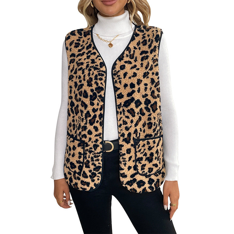 VNeck Leopard Cardigan Vest Lightweight Lamb Wool N5A173