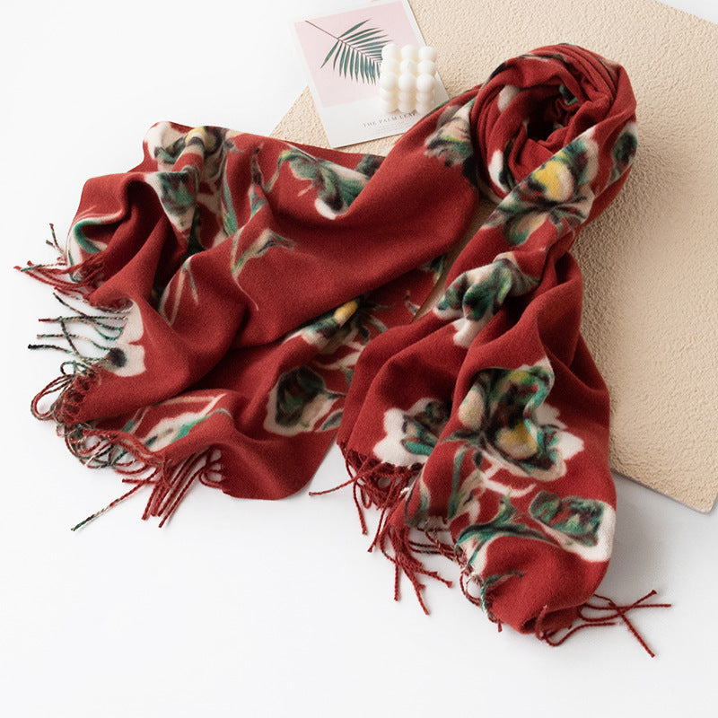 Burgundy Floral Faux Cashmere Wrap  M5A171