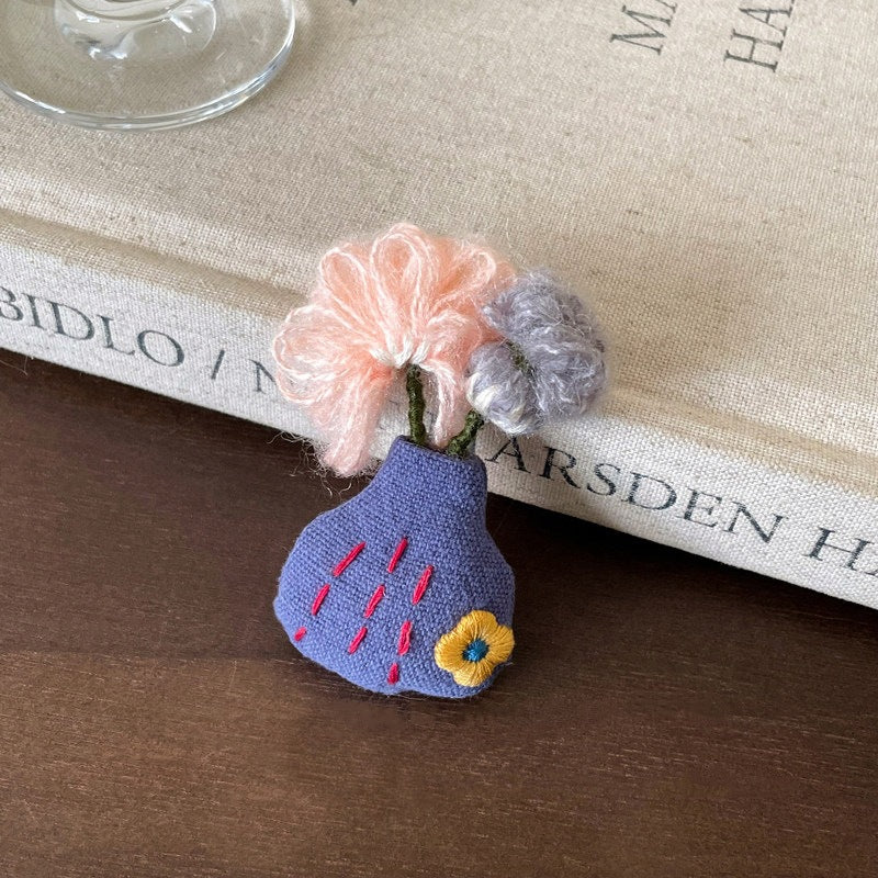 Womens Embroidered Floral Vase Fabric Brooch N6K318