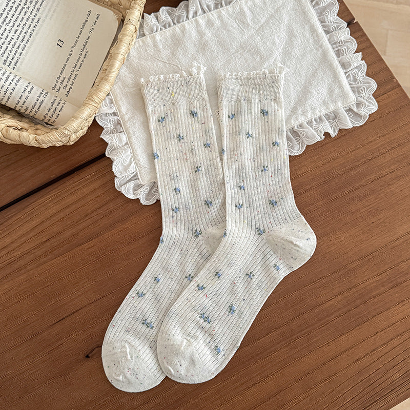 Sweet Floral Lace Trim Mid-Calf Socks Women Cotton N6H027