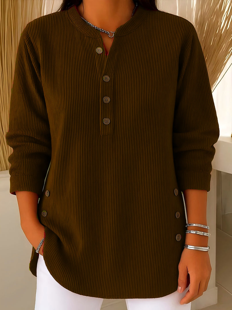 Solid Corduroy Texture V-Neck Button Down Relaxed Top N6G256