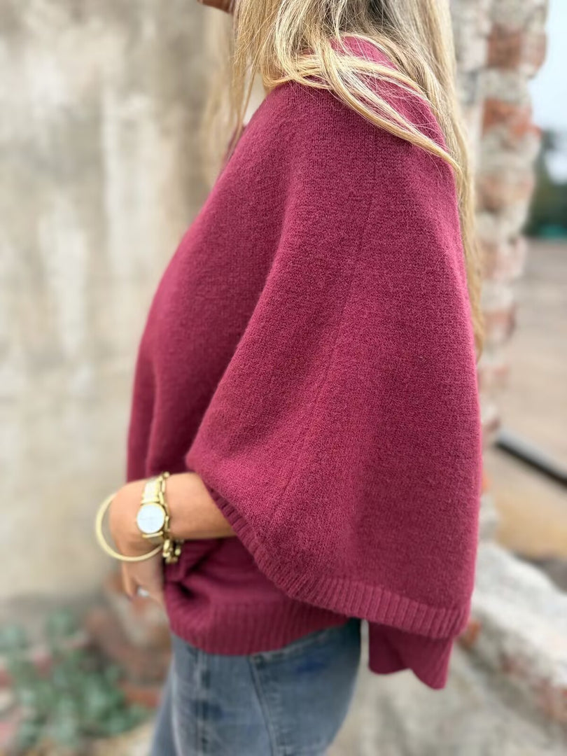Cape Knit Cardigan Round Neck 3/4 Sleeve Ruffle Hem N6G284