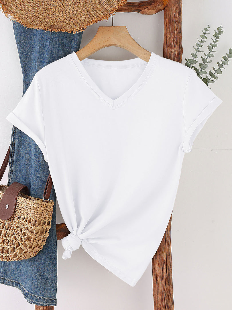 Minimalist Solid Color V-Neck T-Shirt Women N6E140