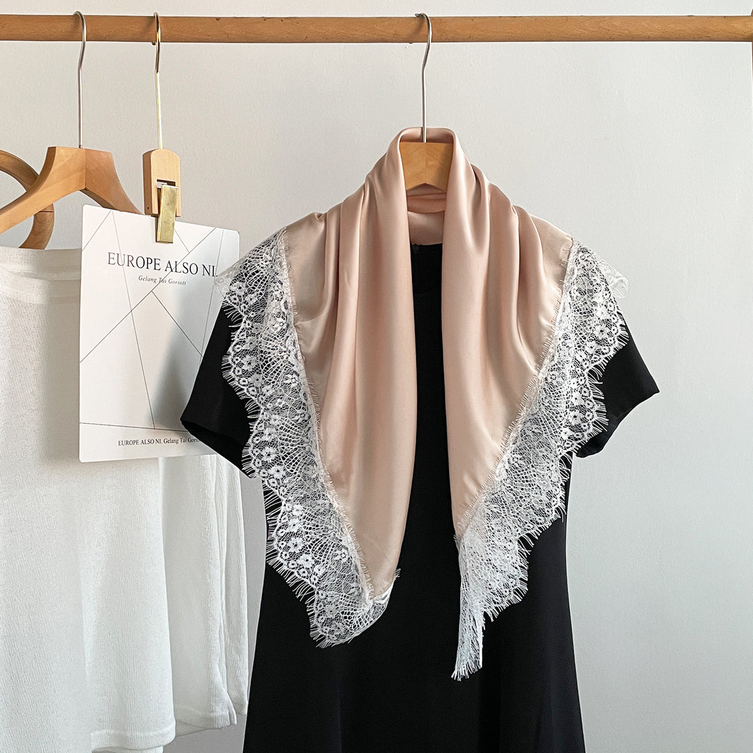 Satin Sun Protection Lace Trim Square Scarf Women N6H120