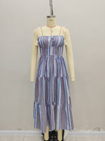 Load image into Gallery viewer, Blue White Stripe Tiered Maxi Dress Resort N6F243