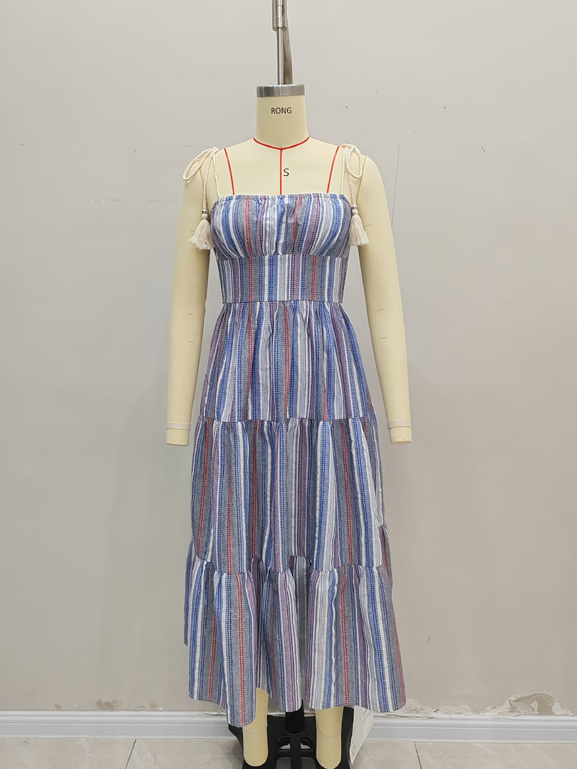 Blue White Stripe Tiered Maxi Dress Resort N6F243