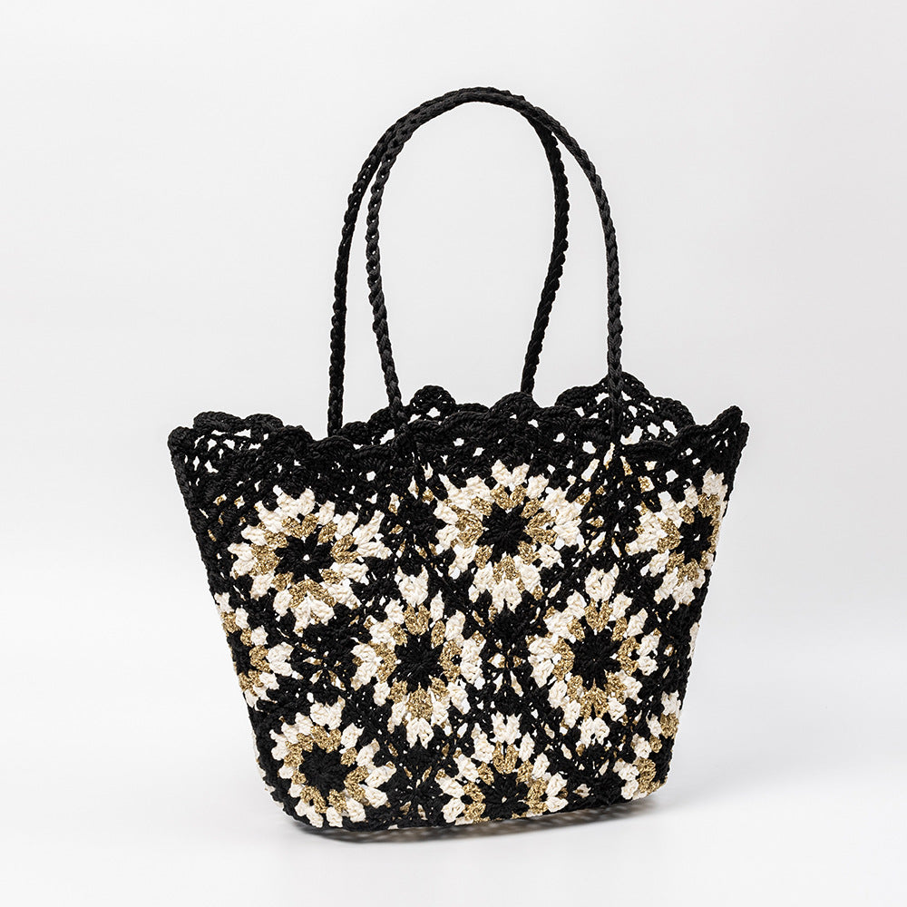 Hand Crochet Color Block Mesh Tote Beach Bag Women N6C302