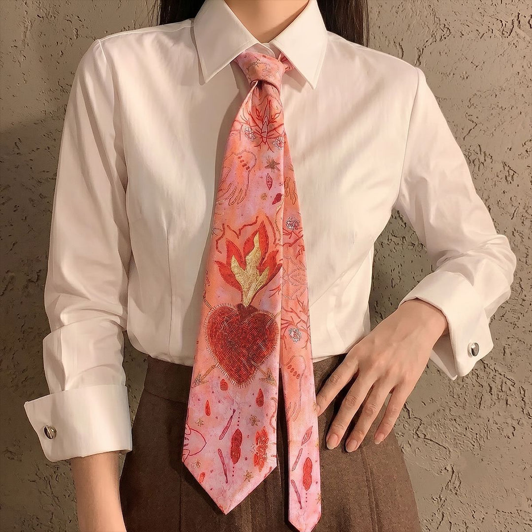 Pink Flame Heart Print Satin Tie Scarf Vintage Art N6G234