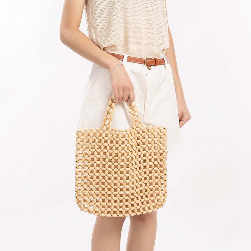 Handwoven Maple Bead Tote Solid Color Leisure Women S5P964