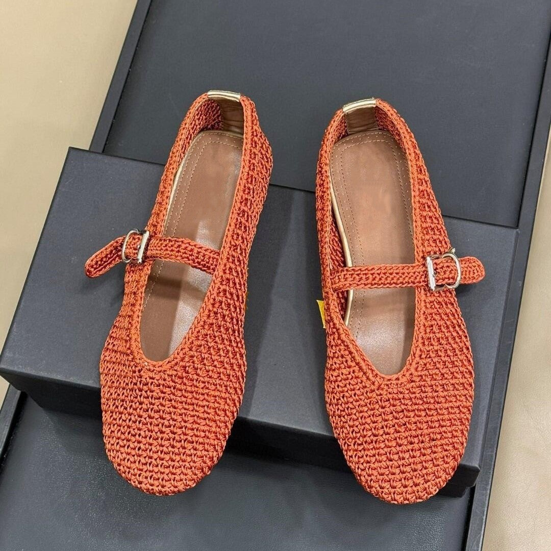 Handwoven Ballet Mary Jane Flat Shoes Women Leather N6G244