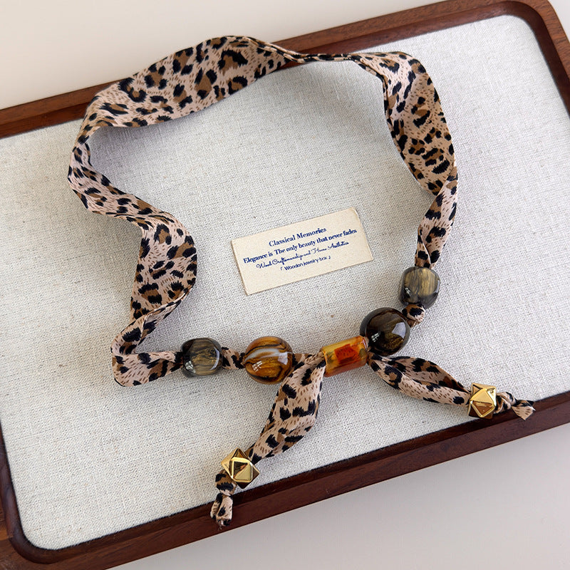 Womens Brown Leopard Print Beaded Scarf Necklace N6K278
