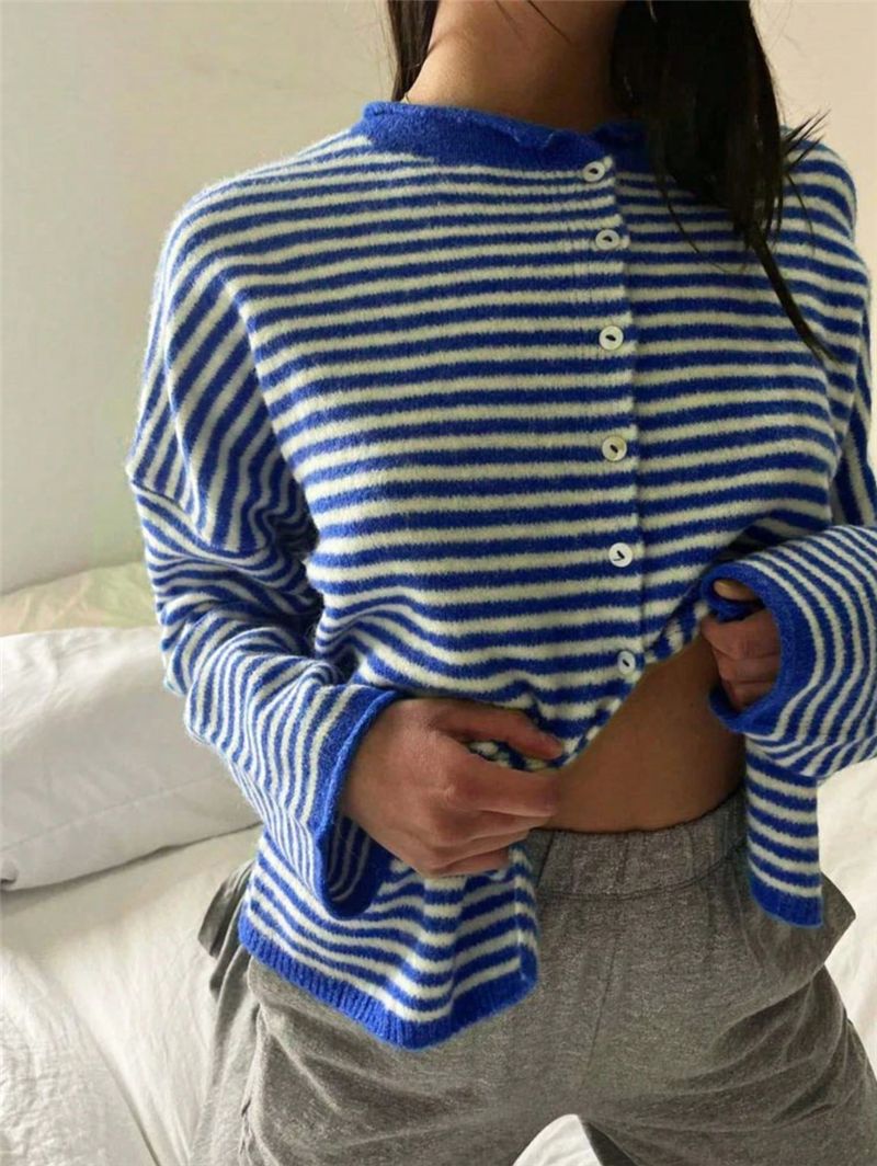 Street Style Striped Knit Cardigan Long Sleeve Women N6G286