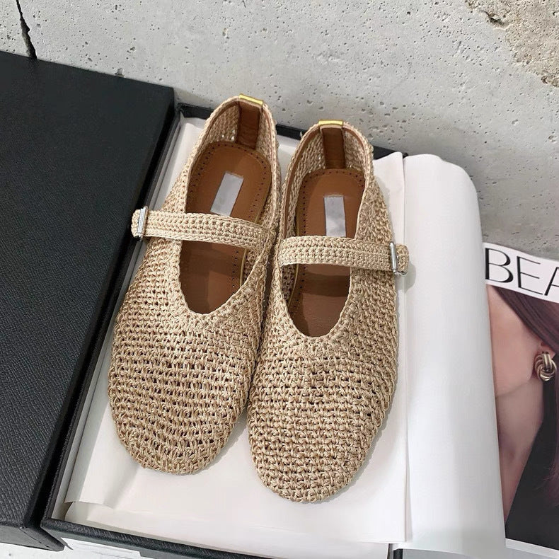 Handwoven Ballet Mary Jane Flat Shoes Women Leather N6G244