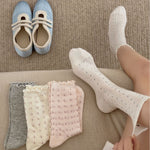 Load image into Gallery viewer, Diamond Grid Ruffle Trim Cotton Mid-Calf Socks Women N6H009