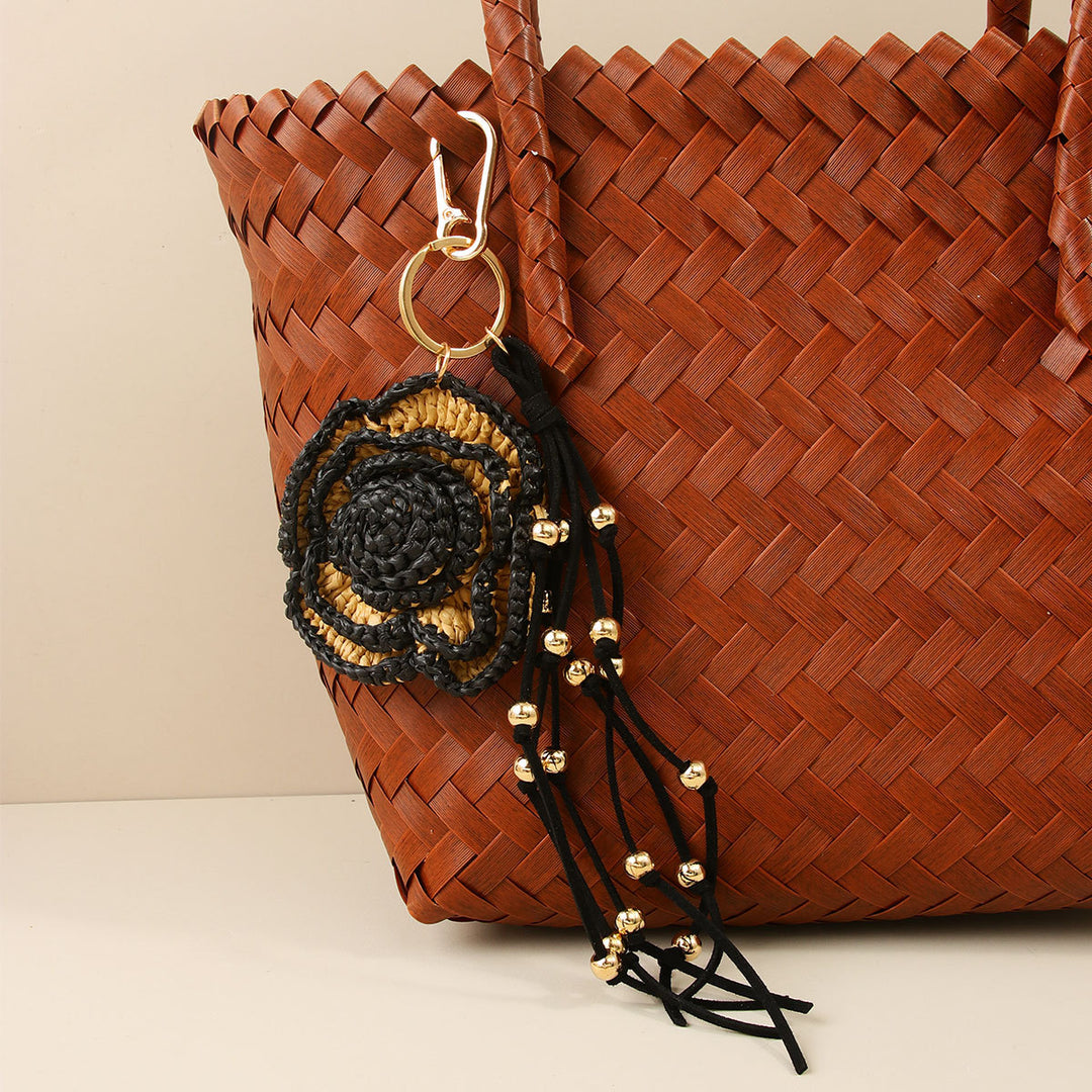 Raffia 3D Flower Tassel Bag Charm Handwoven Keychain N6G065