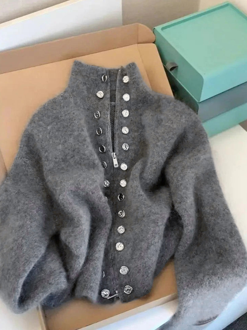 High Neck Zip Front Faux Button Knit Cardigan Women N6H270