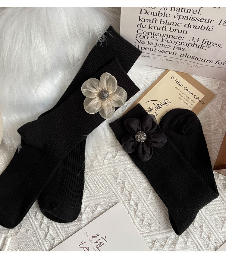 3D Floral Solid Mid-Calf Socks Women Cotton Black N6H033