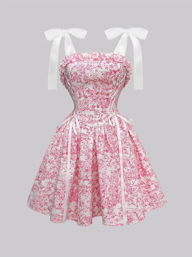 Pink Floral French Ruffle Tie Detail Maxi Dress Women N6D144
