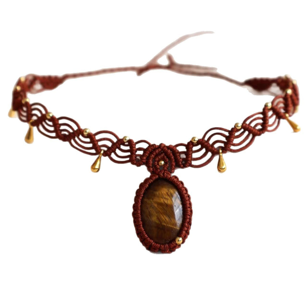 Tiger Eye Braided Necklace Handknit Stone S5P201
