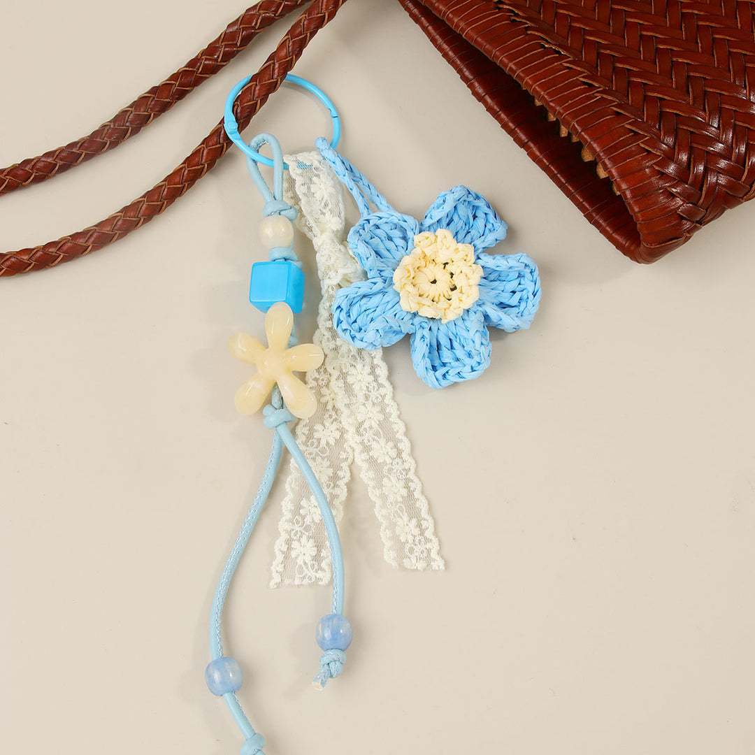 Raffia Double Flower Beaded Bag Charm Keychain N6G067